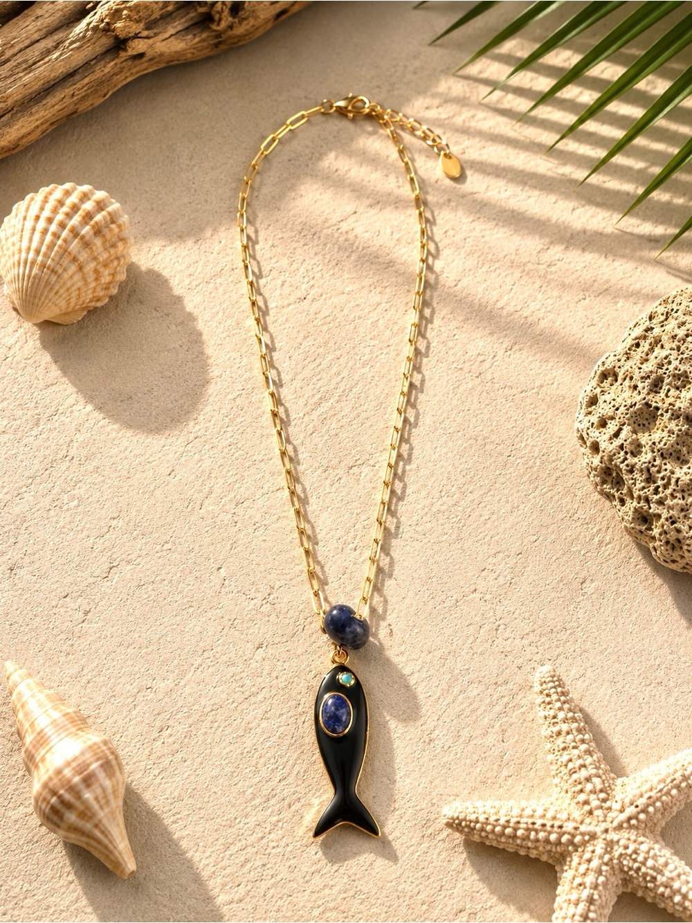 Gold Chain Necklace with Black Fish Pendant and Blue Stone